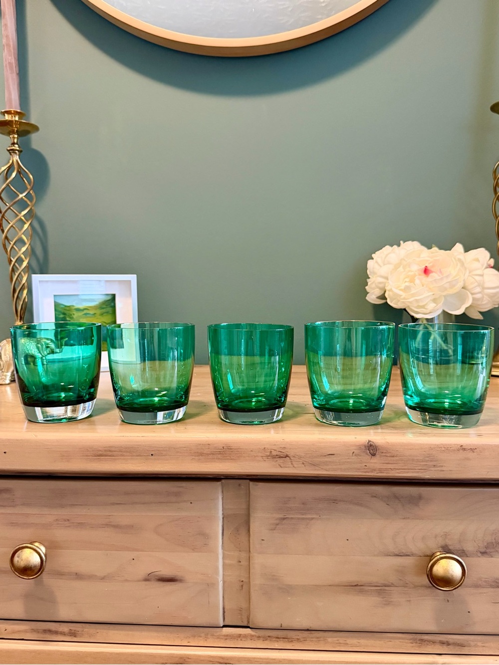 Handblown Emerald Green Drinking Glasses Set of 5 Artisan Glassware